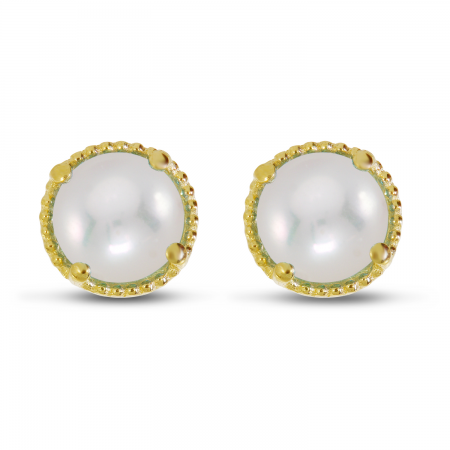 14K Yellow Gold 4mm Round Pearl Millgrain Halo Earrings