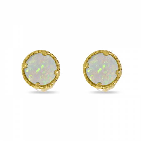 14K Yellow Gold 4mm Round Opal Millgrain Halo Earrings