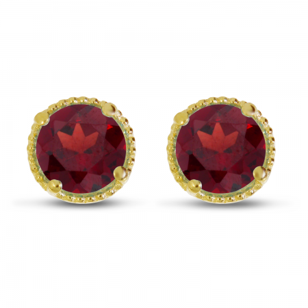 14K Yellow Gold 5mm Round Garnet Millgrain Halo Earrings