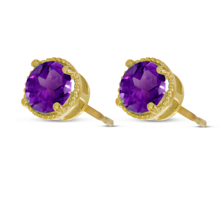 14K Yellow Gold 5mm Round Amethyst Millgrain Halo Earrings