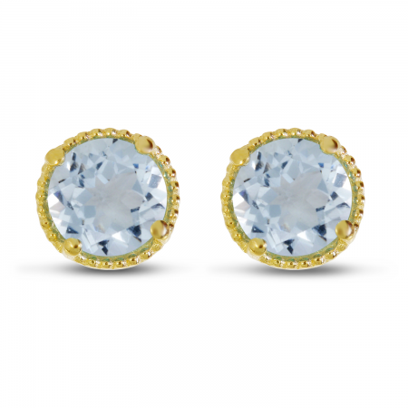 14K Yellow Gold 5mm Round Aquamarine Millgrain Halo Earrings