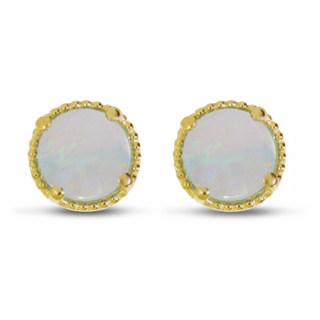 14K Yellow Gold 5mm Round Opal Millgrain Halo Earrings