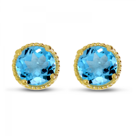 14K Yellow Gold 5mm Round Blue Topaz Millgrain Halo Earrings