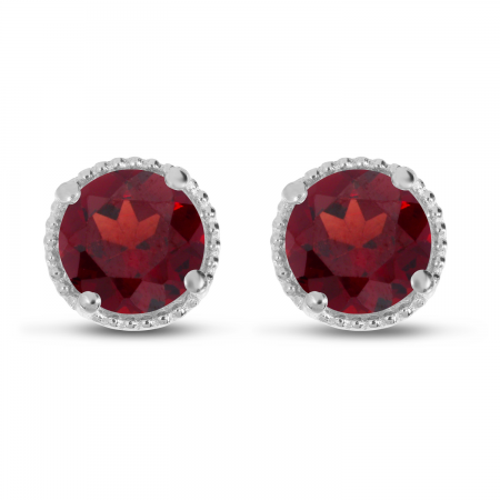 14K White Gold 5mm Round Garnet Millgrain Halo Earrings