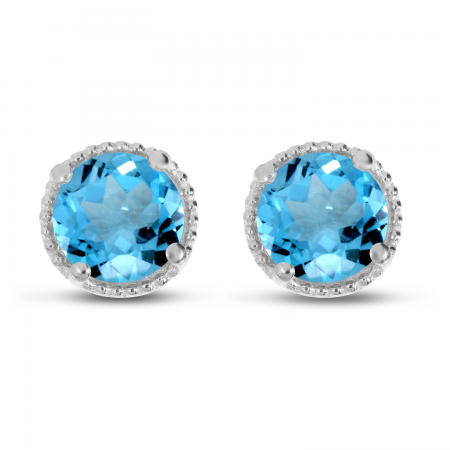 14K White Gold 5mm Round Blue Topaz Millgrain Halo Earrings