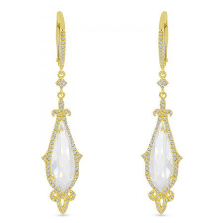 14K Yellow Gold White Topaz Pear Ornate Diamond Halo Earrings