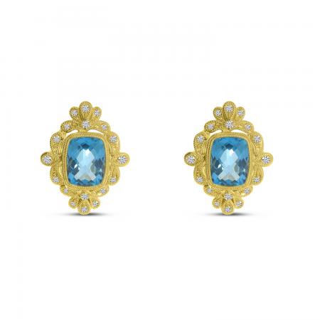 14K Yellow Gold Cushion Blue Topaz and Diamond Milgrain Earrings