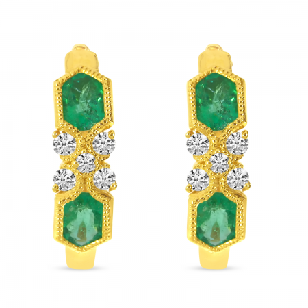 14K Yellow Gold Emerald Hexagon Millgrain Huggie Earrings