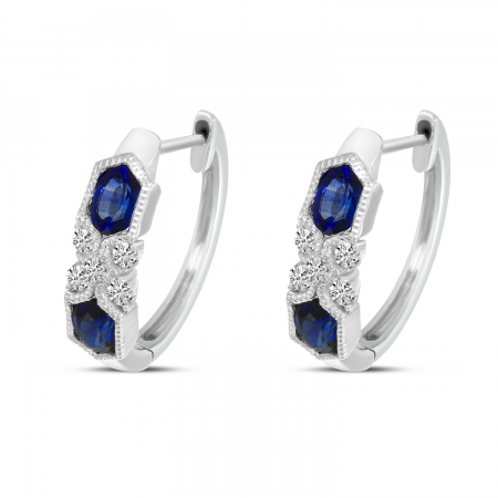 14K White Gold Sapphire Hexagon Millgrain Huggie Earrings