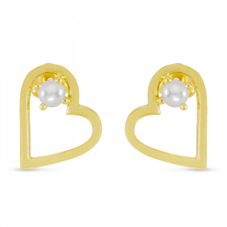 14K Yellow Gold Pearl Open Heart Birthstone Earrings