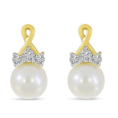 14K Yellow Gold Crossover Diamond & Pearl Earrings