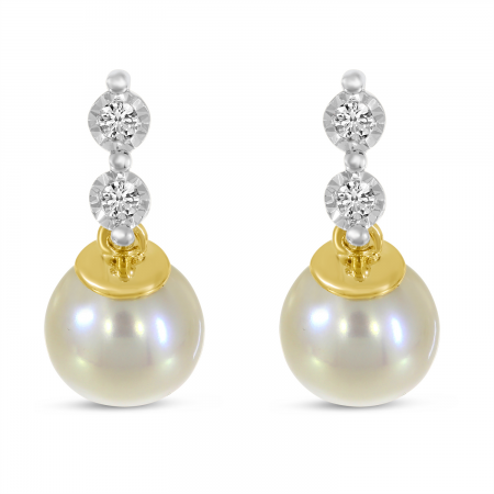 14K Yellow Gold Two Diamond & Pearl Drop Earrings