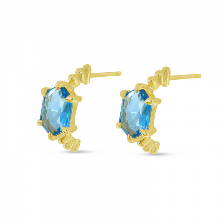 14K Yellow Gold Hexagon Blue Topaz Beaded Earrings