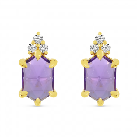 14K Yellow Gold Hexagon Amethyst & Diamond Stud Earrings