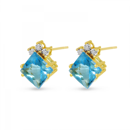 14K Yellow Gold Blue Topaz Princess Cut & Diamond Stud Earrings