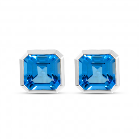 14K White Gold Blue Topaz Cushion Semi Stud Earrings