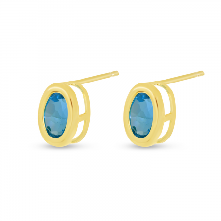 14K Yellow Gold Blue Topaz Oval Bezel Birthstone Earrings