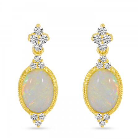 14K Yellow Gold Oval Opal Semi-Precious Millgrain Earrings