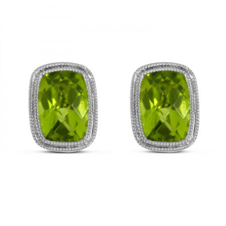 14K White Gold Cushion Peridot Millgrain Earrings