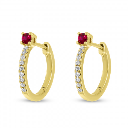 14K Yellow Gold Ruby & Diamond Huggie Earrings