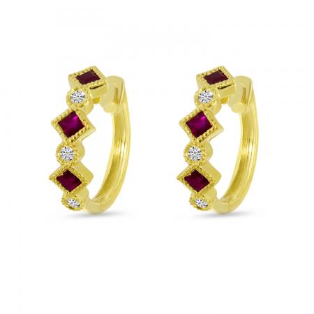 14K Yellow Gold Princess Ruby and Diamond Millgrain Huggie Earrings