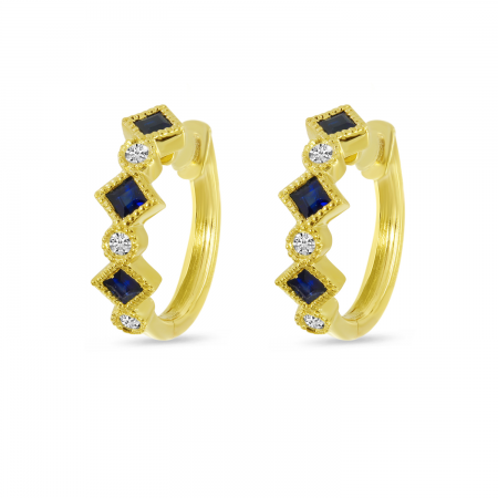 14K Yellow Gold Princess Cut Sapphire & Diamond Millgrain Huggie Earrings