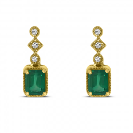 14K Yellow Gold Emerald Cut Emerald and Diamond Earrings