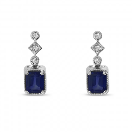 14K White Gold Emerald Cut Sapphire and Diamond Earring