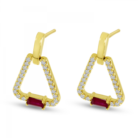 14K Yellow Gold Ruby & Diamond Open Triangle Earrings