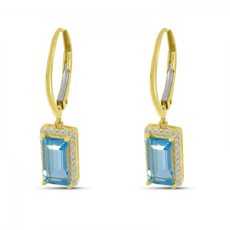 14K Yellow Gold Emerald Cut Blue Topaz and Diamond Earrings