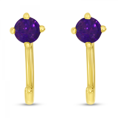 14K Yellow Gold Round Amethyst Backward Huggie Birthstone Earrings