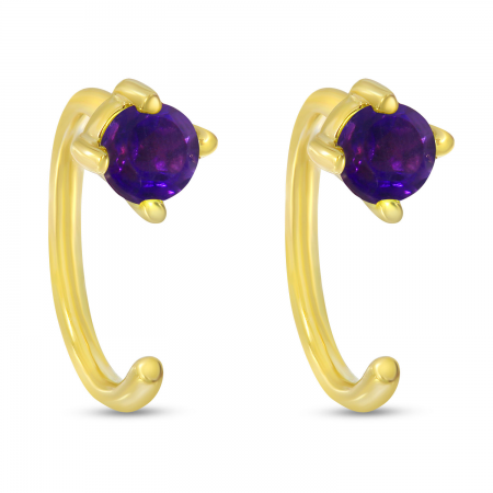 14K Yellow Gold Round Amethyst Backward Huggie Birthstone Earrings