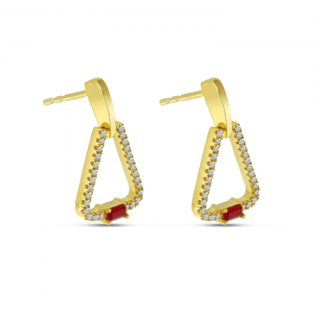14K Yellow Gold Emerald Cut Ruby and Diamond Triangle Earrings