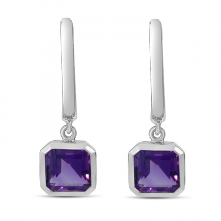 14K White Gold Octagon Amethyst with Gold Halo Dangle Huggie Semi Precious Earrings