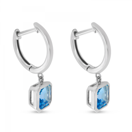 14K White Gold Octagon Blue Topaz with Gold Halo Dangle Huggie Semi Precious Earrings