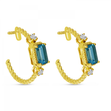 14K Yellow Gold Emerald Cut Semi and Diamond Twist Hoop Earrings