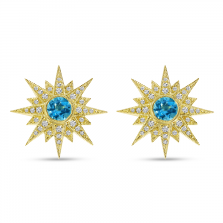 14K Yellow Gold Starburst Semi Precious Diamond Earrings