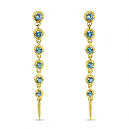 14K Yellow Gold Graduated Bezel Blue Topaz Drop Semi Precious Earrings
