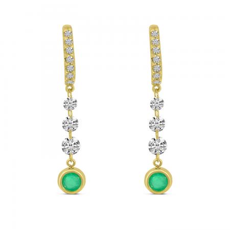 14K Yellow Gold Dashing Diamond Emerald Bezel Dangle Earrings