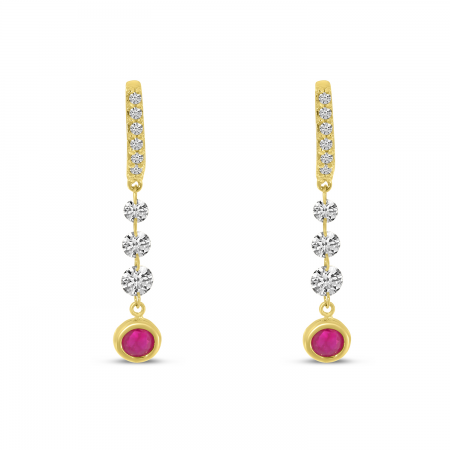 14K Yellow Gold Dashing Diamond Ruby Bezel Dangle Earrings