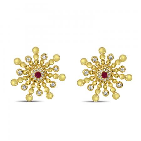 14K Yellow Gold Diamond and Ruby Starburst Earrings