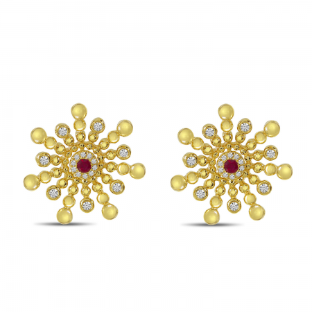 14K Yellow Gold Ruby and Diamond Precious Burst Earrings