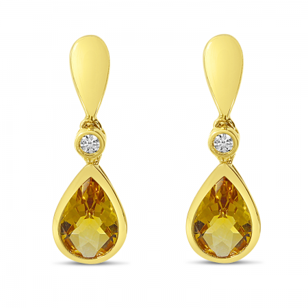 14K Yellow Gold Bezel Pear-Cut Citrine and Diamond Earrings