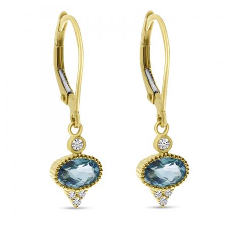 14K Yellow Gold Oval Blue Topaz and Diamond Dangle Leverback Semi Precious Earrings