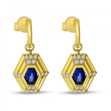 14K Yellow Gold Oval Sapphire Precious Hexagon Art Deco Dangle Earrings