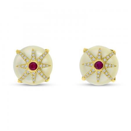 14K Yellow Gold Mother of Pearl with Diamond and Ruby Button Earrings