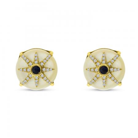 14K Yellow Gold Mother of Pearl with Diamond and Sapphire Button Earrings
