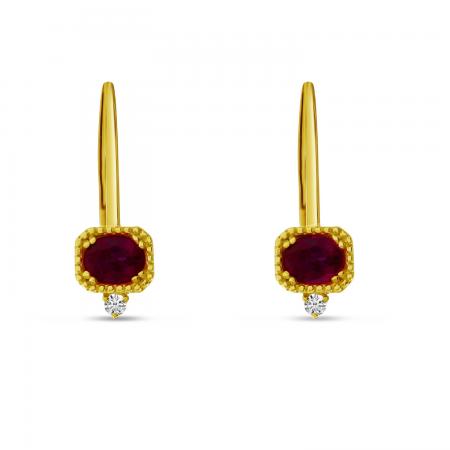 14K Yellow Gold Oval Ruby and Diamond Millgrain Leverback Earrings