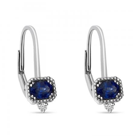 14K White Gold Oval Ruby and Diamond Millgrain Leverback Earrings