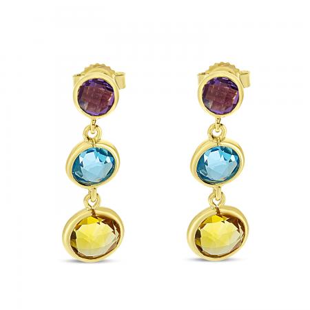 14K Yellow Gold Graduated Amethyst, Blue Topaz and Citrine Triple Bezel Semi Precious Dangle Earrings